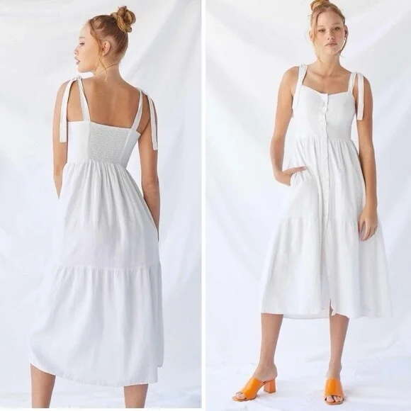 Urban Outfitters | Dresses | Uo Positano White Linen Tie Shoulder Midi Dress Size Large Button Up Sweetheart | Poshmark Urban Outfitters | Dresses | Uo Positano White Linen Tie Shoulder Midi Dress Size Large Button Up Sweetheart | Poshmark
